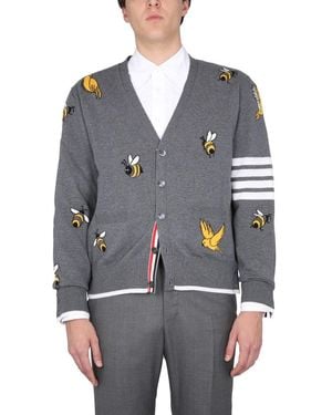 Thom Browne Knit Cardigan With Embroidered Bees And Birds - Grey