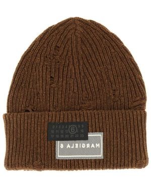 MM6 by Maison Martin Margiela Beanie Hat With Logo - Brown