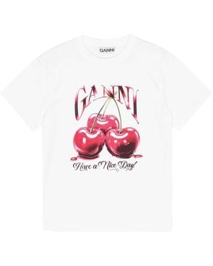 Ganni Cherry Cotton T-Shirt - White