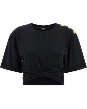 Balmain Knotted Crop T Shirt Nero-Donna