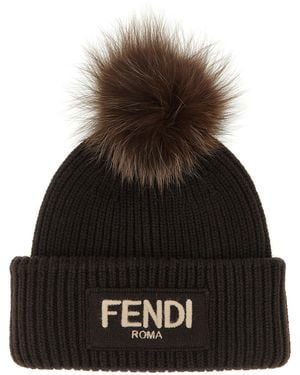 Fendi Pompon Beanie Hats - Black