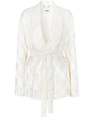 Fendi Jacquard Silk Blazer With Floral Motif-Donna - Bianco