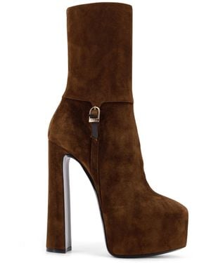 Saint Laurent Nico Suede Plateau Ankle Boots - Brown