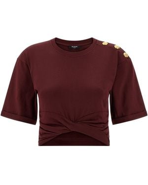 Balmain Knotted Crop T Shirt Bordeaux-Donna - Rosso