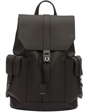 Ferragamo Double Pocket Leather Backpack Backpacks & Travels - Black