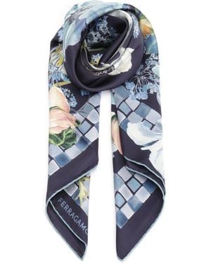 Ferragamo Silk Scarf With Floral Motif - Blue