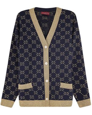 Gucci Cotton Blend Cardigan With All-Over Gg Logo - Blue