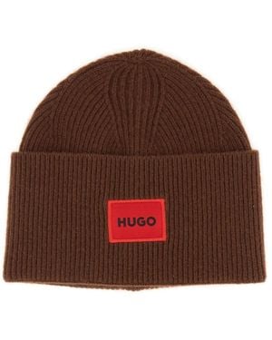 HUGO Beanie Hat With Logo - Brown