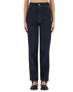 【関税&送料込み】Moschino Laurel Crown Patch Jeans Moschino Denim Culotte Pants in Blue | Lyst