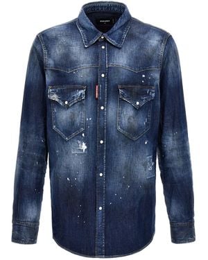 DSquared² Paint-Splatter Denim Shirt - Blue