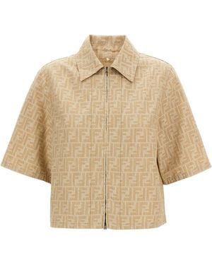 Fendi Ff Chambray Denim Jacket Puffer Jackets - Natural