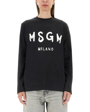MSGM T-Shirt With Brushed Logo-Donna - Nero