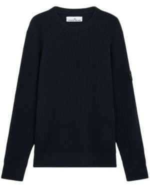Stone Island Knit Crewneck Jumper In Full Rib Rws Wool - Blue