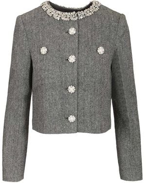 Self-Portrait Grey Herringbone Crystal Trim Jacket Jackets Grey