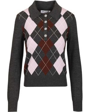 Self-Portrait Grey Argyle Lightweight Jumper Knitwear Grey - Black