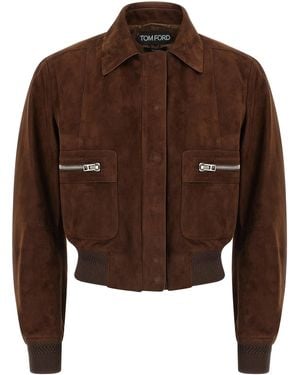 Tom Ford Suede Bomber Jacket Puffer Jackets Brown