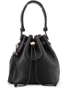 Tory Burch T Monogram Pebble Leather Bucket Bag - Black