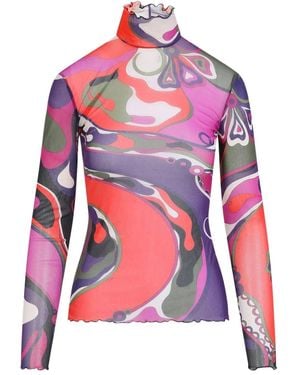 PUCCI Top Trasparente A Collo Alto Con Stampa Astratta-Donna - Rosso