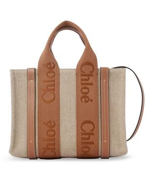 Chloé Woody Linen And Leather Tote Bag - Brown