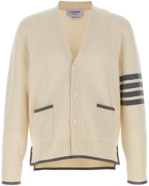 Thom Browne Soft Wool Knit Cardigan With V-Neck And Contrasting Details - Natural