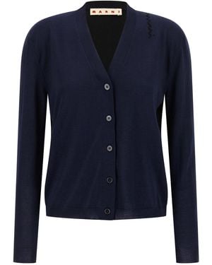 Marni Two-Tone Wool And Silk Cardigan With Embroidered Detail - Blue