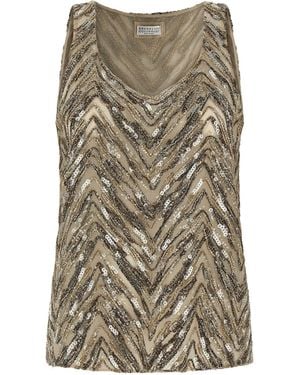 Brunello Cucinelli Dazzling Chevron Embroidery Tops Beige - Grey