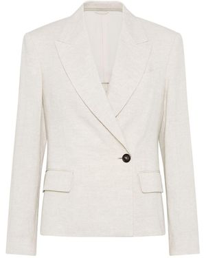 Brunello Cucinelli Linen Sparkling Canvas Blazer With Monili - White