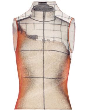 Jean Paul Gaultier Tulle Tank Top With "Fire" Print And Draped Lining - White
