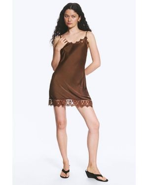 Monki Satin Lace-Trim Slip-Dress - Brown