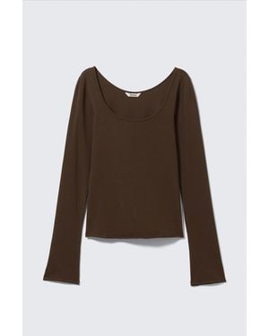 Monki Long-Sleeved Slim Fit Scoop Neck Top - Brown