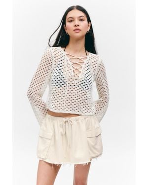 Monki Crochet Knit Long-Sleeved Top - Natural