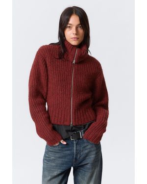 Weekday Ribbed Zip-Up Knit Cardigan - Red