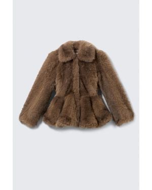 Monki Faux Fur Peplum Jacket - Brown