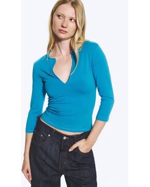 Weekday Split V-Neck Three-Quarter Sleeve Top - Blue