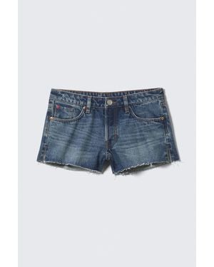 Monki Low Rise Raw Hem Mini Denim Shorts - Blue