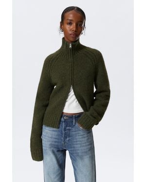 Weekday Soft Knitted Fitted Zip Cardigan - Green