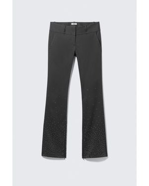 Monki Low Rise Zip-Hem Satin Rhinestone Trousers - Black