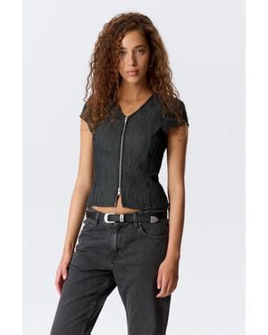 Weekday Structured Zip V-Neck Top - Black