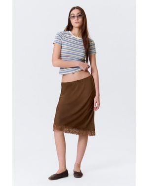 Monki Satin Lace Midi Skirt - Brown