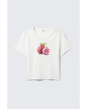 Monki Cropped Printed Ribbed Cotton T-Shirt - White