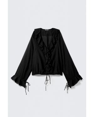 Weekday Frilled Long-Sleeved Wrap Blouse - Black