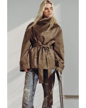 Weekday Short Oversized Funnel Neck Trench Coat - Brown