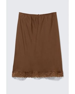 Monki Satin Lace Midi Skirt - Brown