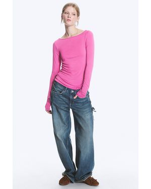 Monki Sheer Boatneck Long-Sleeve - Pink