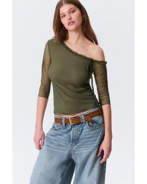 Monki Asymmetric Off-Shoulder Three-Quarter Sleeve Top - Green