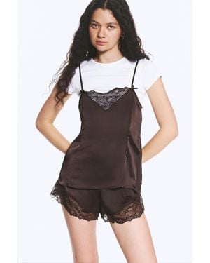 Monki Satin Lace Top - Brown