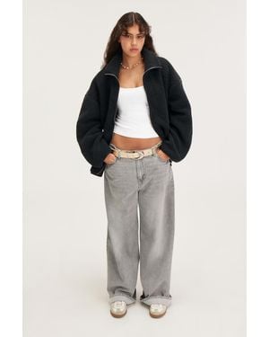 Monki Lockere Fleecejacke Mit Reißverschluss - Schwarz