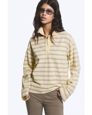 Monki Long-Sleeved Cotton Polo Top - Natural