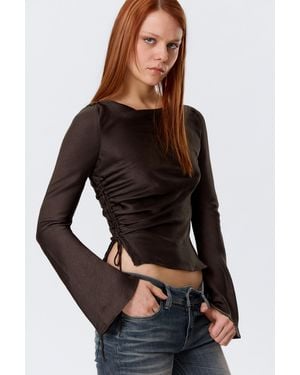 Monki Ruched Boat-Neck Trumpet Sleeve Top - Black