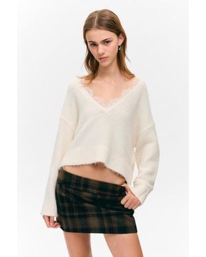 Monki Lace-Trimmed V-Neck Jumper - White